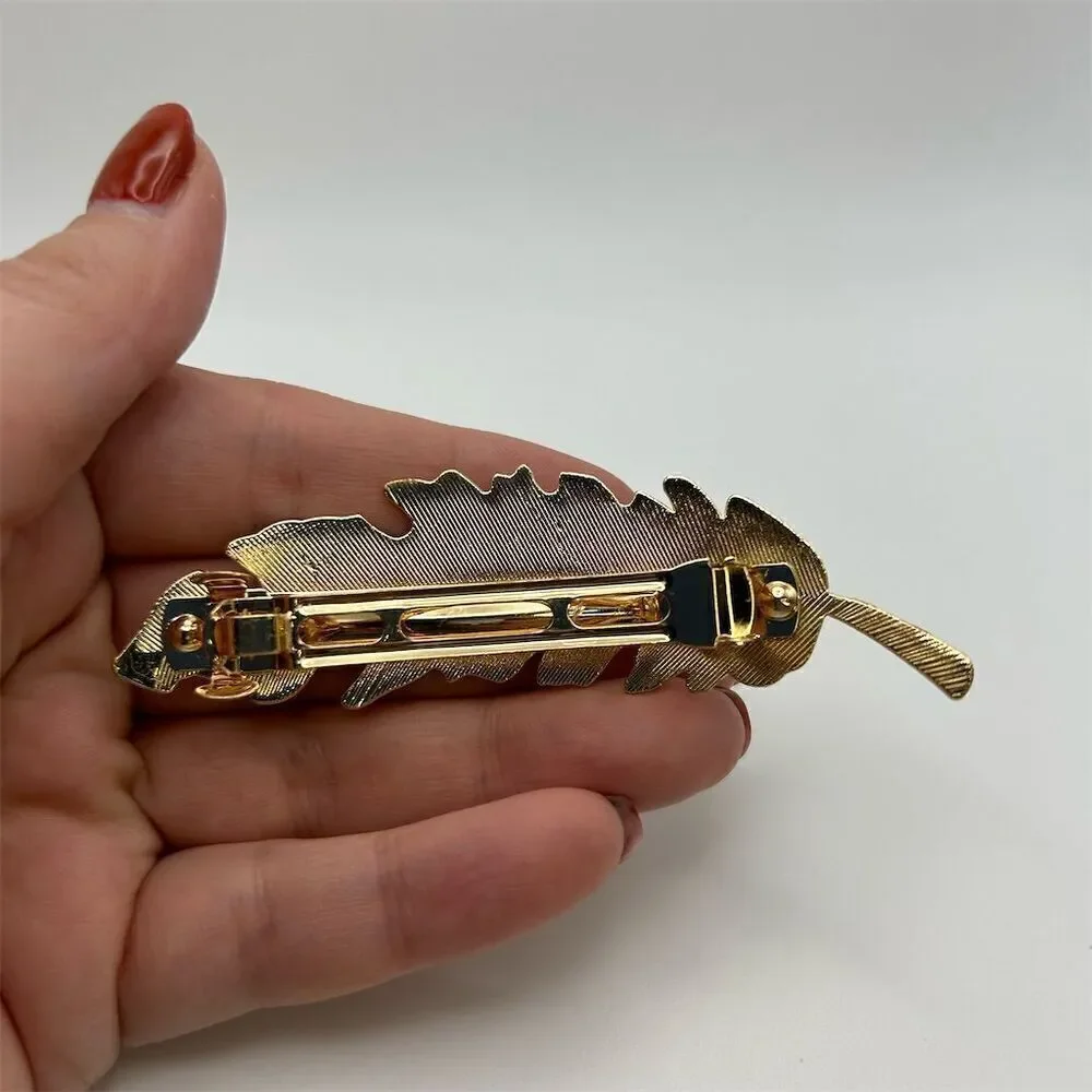 Gold Tone Leaf Feather Hair Barrette Clip Lightweight Classic Chic Boho Fall